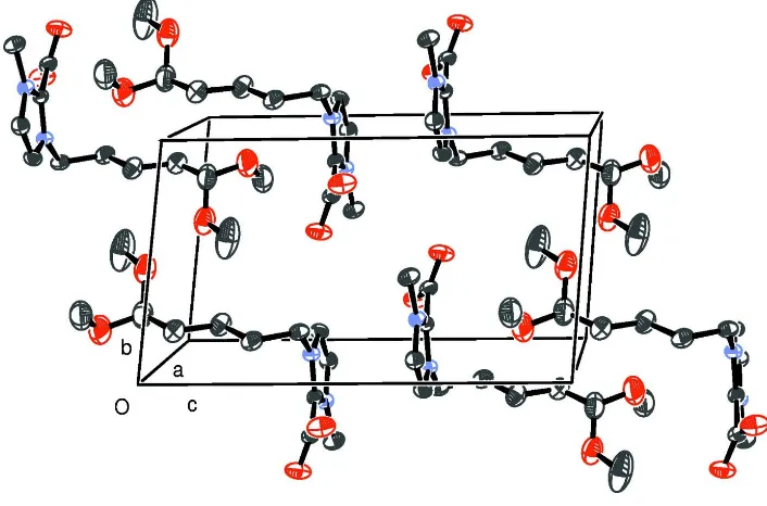 Figure 3Molecular arrangement of 1-(5,5-dimethoxypentyl)-3-methyl-imidazolium-2-carboxylate in the cell; ellipsoids at 50% 