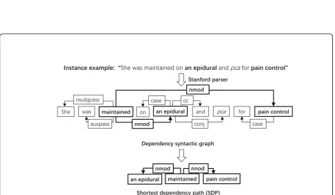 Fig. 1 - Architecture of our model. Our neural network architecture consists of three modules: (1) sentence sequence representation module; (2)SDP representation module; and (3) classification module