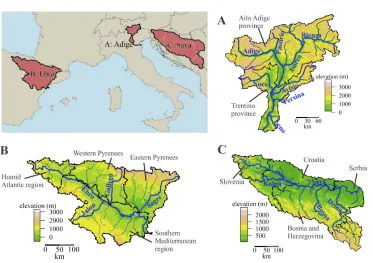 Figure 2.1: Map presenting the locations of the study river basins: A)Adige B) Ebro and C) Sava with main regions and tributaries