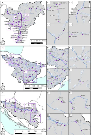 Figure 2.2: Locations of water quality sampling stations for Adige (A),Ebro (B) and Sava (C), respectively