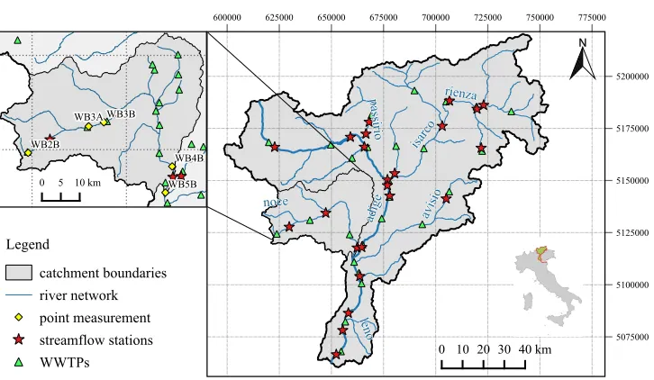 Figure 2.4: Map of the Adige River basin and its main tributaries with azoom of the Noce River basin (upper panel)