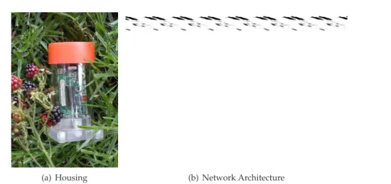 Figure 2.1 Great Duck Island. Mica mote in acrylic enclosure and schematic network architecture[92].