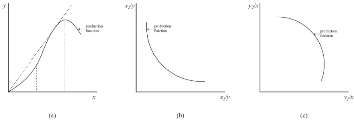 Figure 4 represents the production function form of all the three RTS principles for a single input and single output case.