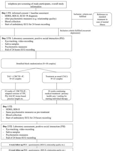 Figure 3 Flow diagram. BDI, Beck Depression Inventory, CBCT®-fC, “Cognitively-Based Compassion Training” for couples; HDRS, Hamilton Depression Rating Scale; PQ, Practice Quality, PSI, positive social interaction; SCID, Structured Clinical Interview for DSM; SACiP, Scale for the Multiperspective Assessment of General Change Mechanisms in Psychotherapy; TAU, treatment as usual; TPI, Therapeutic Presence Inventory.