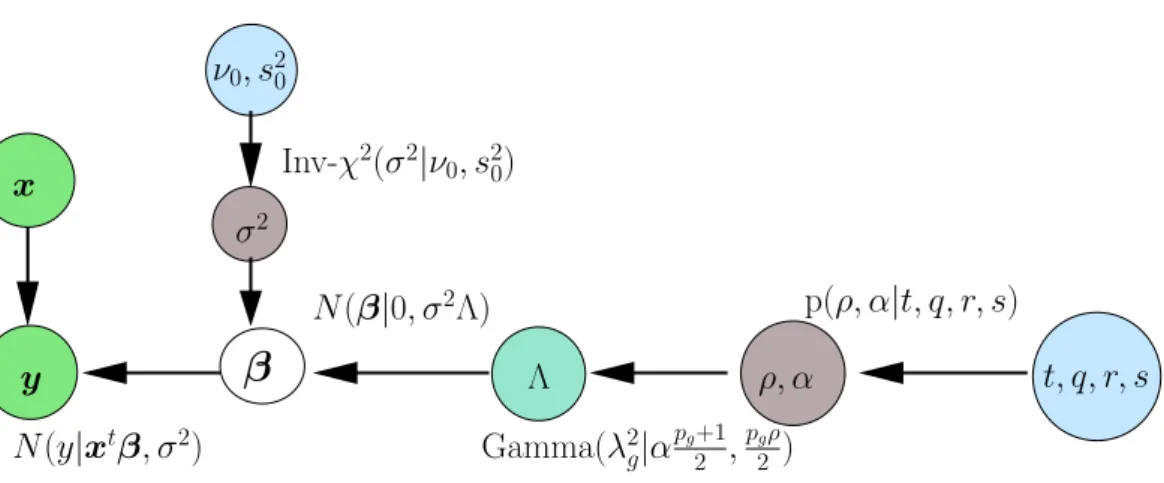 Figure 3.5.: The full hierarchical model for Bayesian grouped-variable selection with an extra parameter α for controlling the level of sparsity