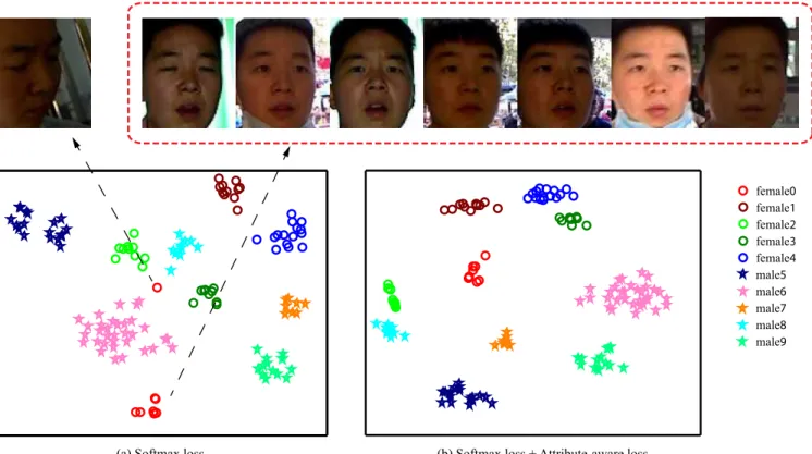Fig. 7. The distribution of learned features supervised by softmax loss (a) and supervised jointly by softmax loss and attribute-aware loss (b) in two-dimensional space after dimension reduction using t-SNE [26]