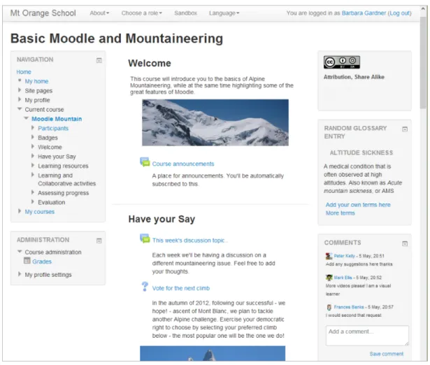 Figure 3 presents a screenshot of the Moodle interface showing course page, navigation area,  glossary and comments
