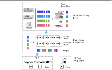 Fig. 1 The overall architecture of the proposed SBLC model including three layers: The first layer is word embedding containing word embeddingstrained on three large-scale datasets