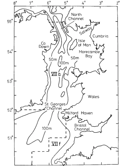 Fig. 1. ICES Division VIIa (Irish Sea) and Bristol Channel (VIIf) with depth contours and place names used in the text 