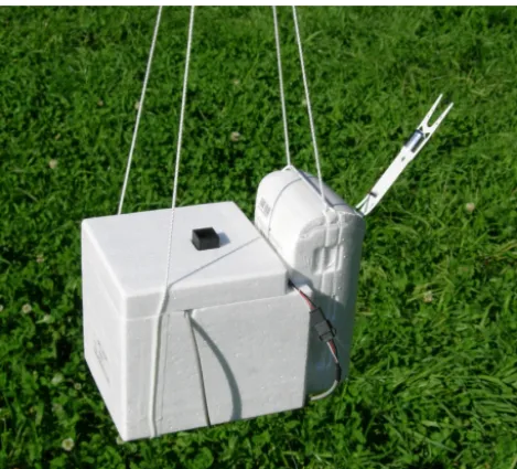 Figure 2. Photograph of the latest version CPS within its ﬂightpackage (with a black inlet duct on top) connected to the MeiseiRS-11G radiosonde (with the temperature and RH sensor boom).The three 3-V lithium batteries and the interface board are placedwithin the CPS ﬂight package.