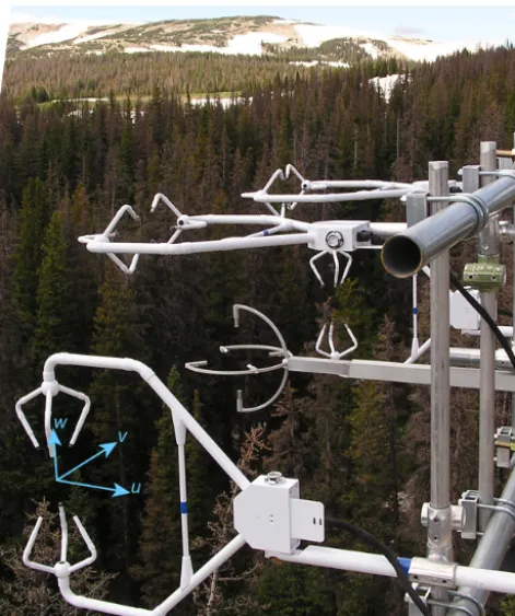 Figure 1. Photograph of the 2011 experiment with two CSAT3sonic anemometers mounted vertically and two horizontally