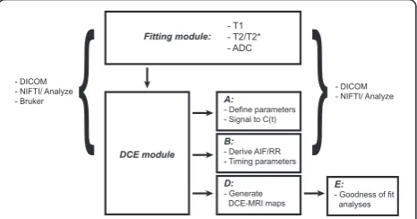 Fig. 1 Design outline of ROCKETSHIP. The software suite consists of afitting module to generate T1, T2/T2* and ADC maps, and DCE-MRImodule with sub-modules for each stage of DCE-MRI data processingand analysis