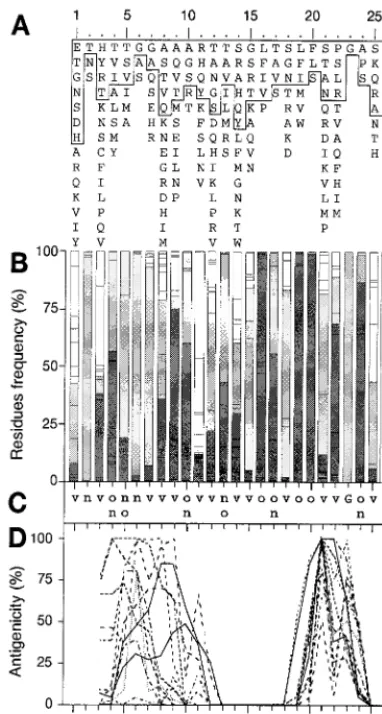 FIG. 3. Analysis of 1,382 HVR1 sequences from the EMBL data-base. Amino acids observed at a given position in fewer than ﬁve