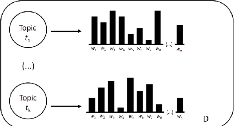 Figure 2: Distributions of the words w across topics t in document D 