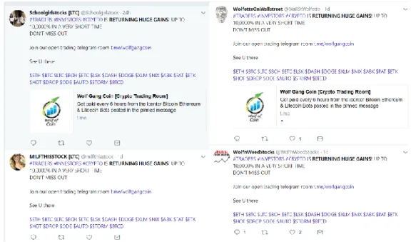 Figure 8: Same comment posted by different accounts, illustrating actions of bots on Twitter  Bot identification is a challenging task because it is not always clear if an account is in fact  automated or belongs to a real person