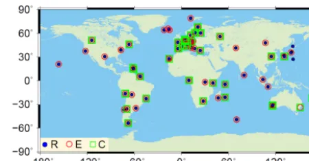 Figure 1. The geographical distribution of the MGEX stations andtheir supported navigation satellite constellations