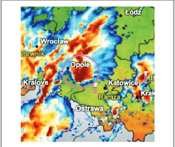 Fig. 2. Maximum reflectivity radar image of a supercell thunder- thunder-storm (circled)