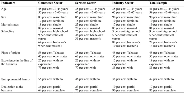 Table 1: Socio Demographic Characteristics of the Small Business Owner per Sector and For the Whole  Sample 