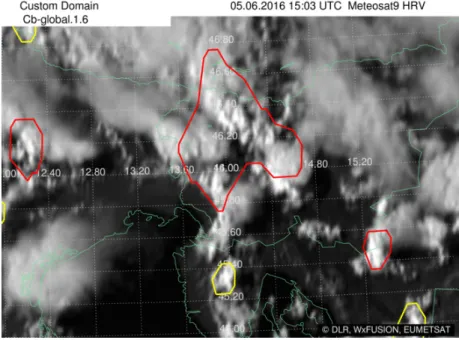 Figure 2.1: Example for Cb-TRAM detection based on satellite data in the East of the Alps on June 5, 2016 at 3 pm GMT