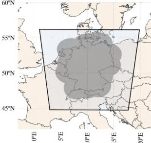 Figure 2.3: Map of Central Europe with coverage of COSMO-DE data (squared light grey shaded area) and the coverage of the German radar network (dark grey shaded area).