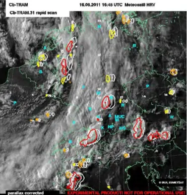 Figure  1.  HRV image from METEOSAT-8 over middle  Europe with Cb-TRAM  objects as  polygons; yellow,  or-ange, and red indicate detected  development stages 1,  2,  3