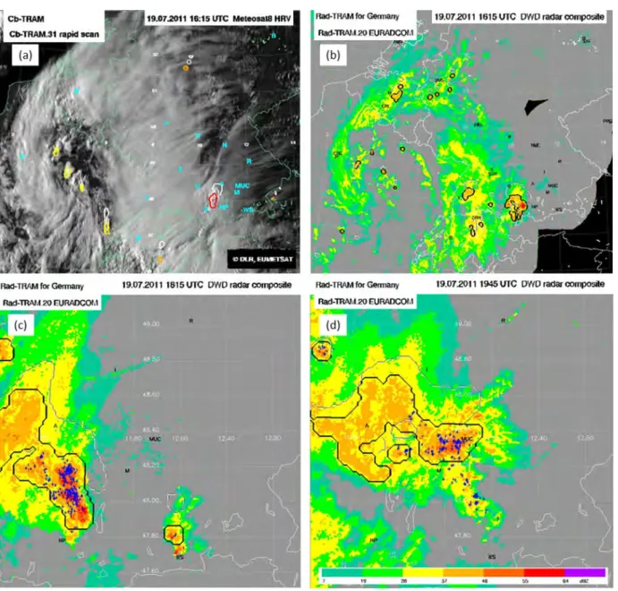 Figure 3. Thunderstorm situation on 19 July 2011. (a) METEOSAT-8 HRV image at 16:15 UTC with Cb- Cb-TRAM contours; yellow, orange, and red contours indicate the detected development stages 1, 2, 3