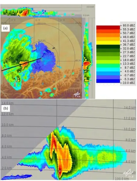 Figure 4. POLDIRAD measurements on 19 July 2011. (a) Maximum  reflectivity scan at 16:31 UTC