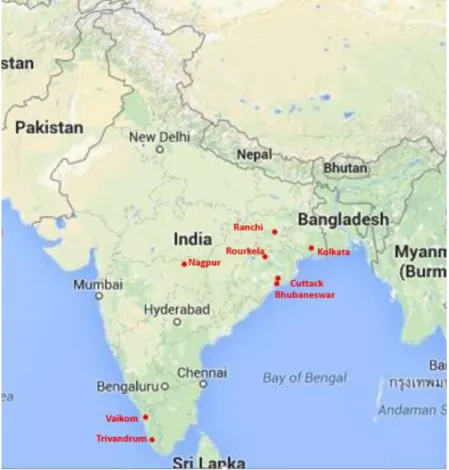Figure 4.1 Location of various sites in Indian map 