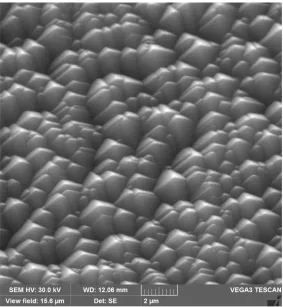 Figure 10: SEM image of textured surface, silicon wafer was immersed for 10 minutes at 70 Celsius in 2% TMAH solution