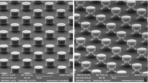 Figure 16: SEM image of surfaces generated with DRIE processes. Low roughness Bosch process is used for the vertical walls (2 minutes) and the cavity is realized on the left with 2 minutes of isotropic process and on the right with 40 seconds of Tapered pr