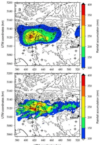 Fig. 7. Raingauge (a) and radar (b) rainfall fields at the event time scale for rainfall values greater than 100 mm