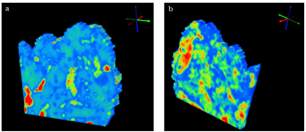 Figure 5line correctionTwo views of a 3D univariate chemical map plotting integrated absorbance over the spectral region 1275-1190 cmafter base-Two views of a 3D univariate chemical map plotting integrated absorbance over the spectral region 1275-1190 cm-1