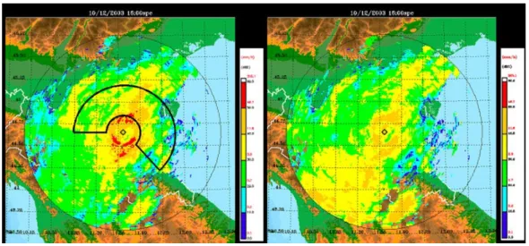 Figure 4. 10/12/2003 16:00 UTC. Reflectivity map without (on the left) and with VPR  reconstruction (on the right)