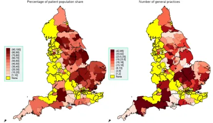 Figure 1 Spatial map at the CCG level, September 2016: EMIS. Thicker border lines correspond to the 14 NHS regions, left graph uses equidistant class breaks; right graph uses class breaks based on distribution of variable of interest, with each class havin