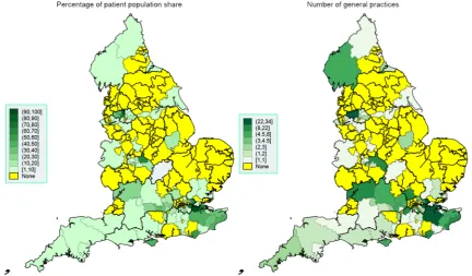 Figure 3 Spatial map at the CCG level, September 2016: Vision. Thicker border lines correspond to the 14 NHS regions, left graph uses equidistant class breaks; right graph uses class breaks based on distribution of variable of interest, with each class hav