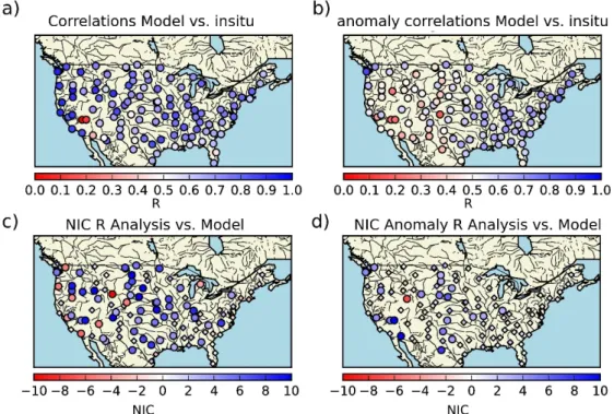 Figure 7. Maps of correlation (R) on volumetric time-series (a) and anomaly time-series (b) between  in situ measurements at 5 cm depth from the US Climate Reference Network (USCRN) network and  soil moisture from the model (third layer of soil between 4 c