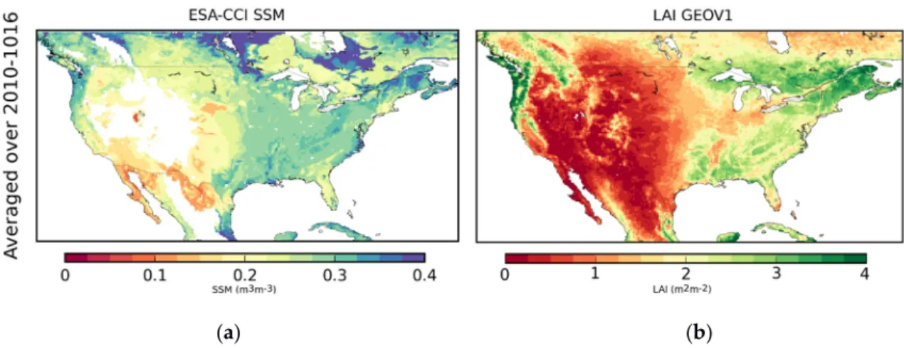 Figure 1. Averaged (a) surface soil moisture from the Climate Change Initiative project of ESA (for  pixels with less than 15% of urban areas and with an elevation of less than 1500 m above sea level); 