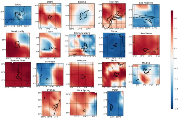 Figure 2.8: Spatial distribution of Z statistics based on MK3 test for annual precipi- precipi-tation (1901-2010) in urban and peri-urban areas.