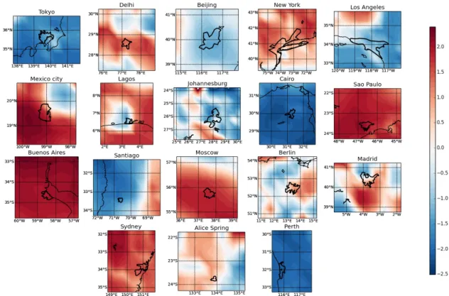Figure 2.9: Spatial distribution of Z statistics based on MK3 test for wet season precipitation (1901-2010) in urban and peri-urban areas.