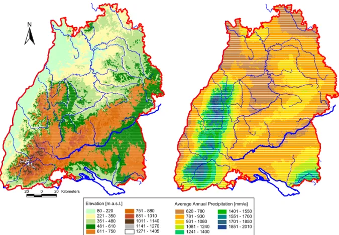 Fig. 1. Elevation (left) and annual average precipitation (right) in Baden-Wuerttemberg.