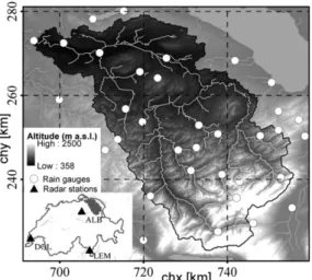 Fig. 1. Geographical location of the Thur catchment. The grey scale map represents the terrain elevation data and the main rivers and lakes (hatched areas)