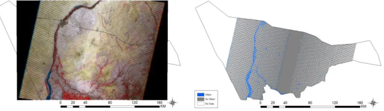 Figure 4: An example of an image acquired from Landsat 7 on October 06, 2006 (left), and the SLC  misclassification problem in classified flood extent map (right) 