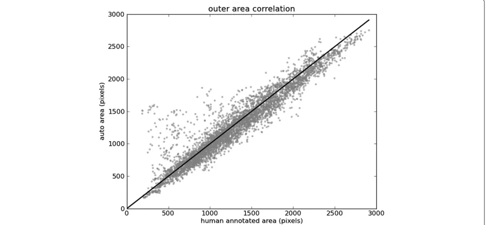 Figure 14 Outer contour areas. Areas inside outer contours of human annotation against the areas inside automated segmentation of testing data.