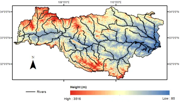 Figure 2.2: The upper Han river basin and its elevation