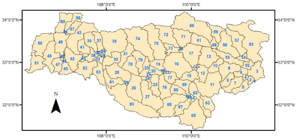 Figure 4.5: The upper Han river basin divided into 89 REWs
