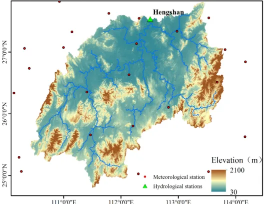 Figure 1. Study basin and locations of the hydrological station and meteorological stations