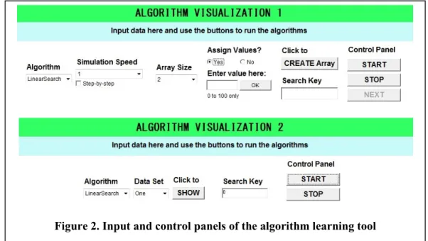 Figure 2. Input and control panels of the algorithm learning tool 