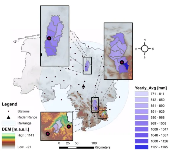 Fig.  1.  Study  area,  catchments,  station  network  and  mean  annual  precipitation  (MAP)  from  2006  to  2010