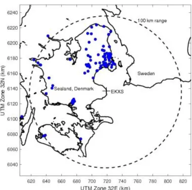 Figure 1. Domain of radar (EKXS) rainfall dataset and rainfall stations/gauges (blue dots) used of bias  adjustment of radar data