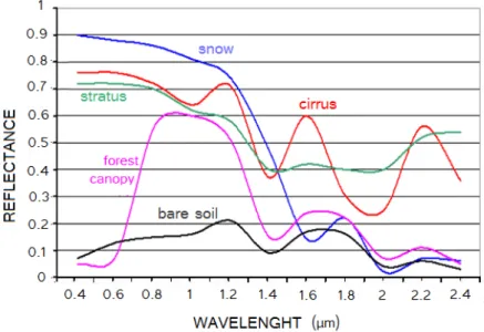 Figure 2.4: Typical reflectance values for a series of different surfaces as a function of wavelength, taken from Jedlovec (2009).